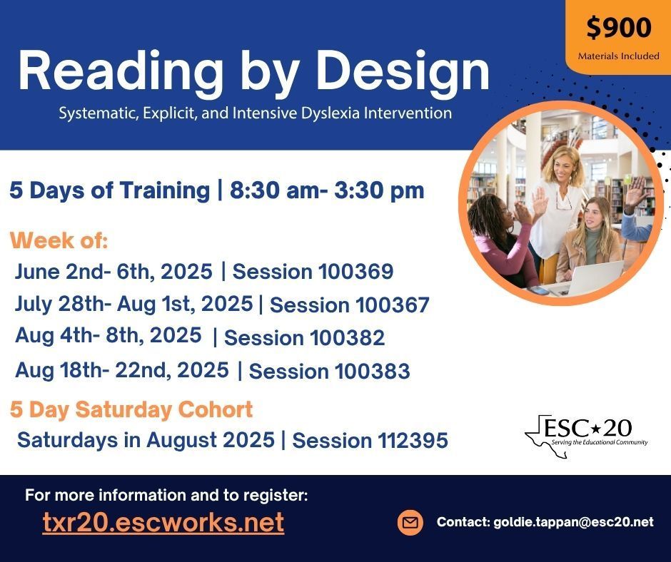 Summer Dyslexia Training Opportunity- Reading by Design

July 28th- Aug 1st, 2025 buff.ly/dkOFqWz 
Aug 4th- 8th, 2025 buff.ly/Odc4Dvu 
Aug 18th- 22nd, 2025 buff.ly/4EE0Fxz 
Saturdays in August 2025 buff.ly/5sPBaK2