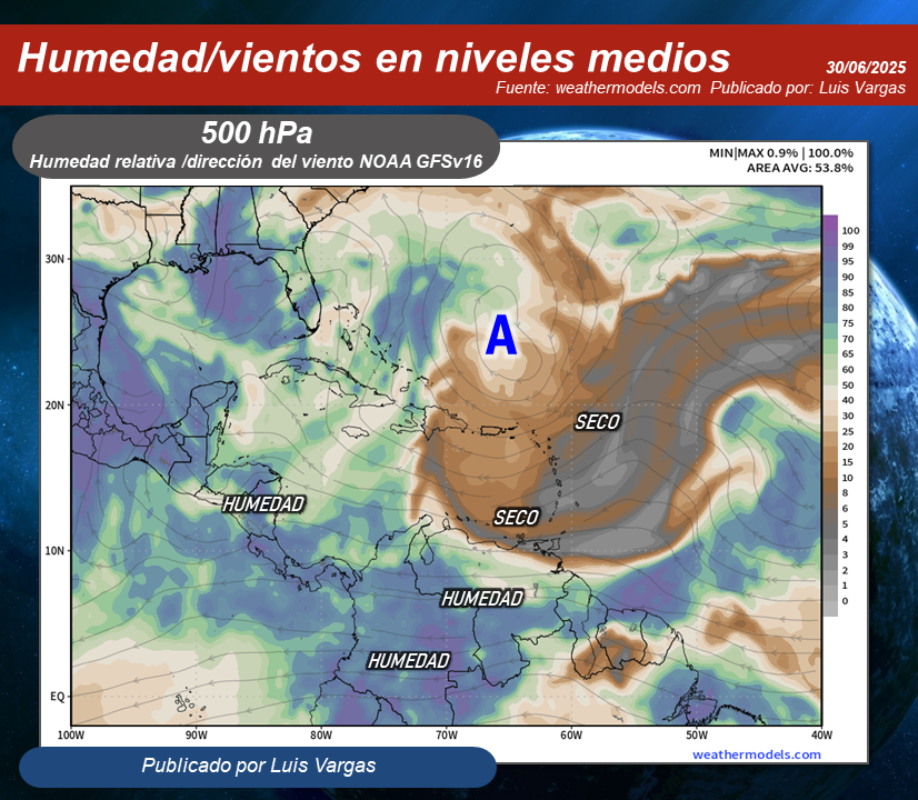 #30Jun Onda tropical saliendo de occidente y otra sobre el este de Venezuela, mantendrán activa la Zona de Convergencia Intertropical-Vaguada Monzónica, produciendo lluvias, chaparrones y algunos con descargas eléctricas en áreas del sur de Sucre, norte de Monagas, Delta Amacuro,