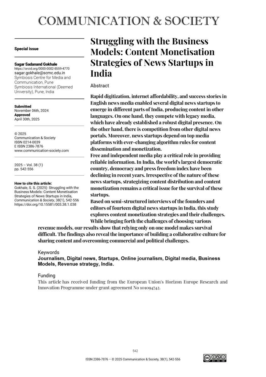 JournalCommSoc's tweet image. 📄“Struggling with the Business Models: Content Monetisation Strategies of News Startups in India” by @sagargokhale
doi.org/10.15581/003.3…
#OpenAccess #Communication #Academic #Monetisation #Business #News #India #Startups
