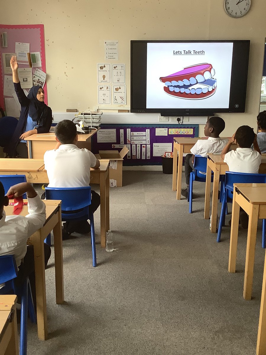 ChadPrimary's tweet image. Our school nurse visited Year 6 to talk about the importance of taking care of our teeth. We will definitely follow her advice because, at St. Chad’s, we love singing—and we need our teeth to be able to do this!