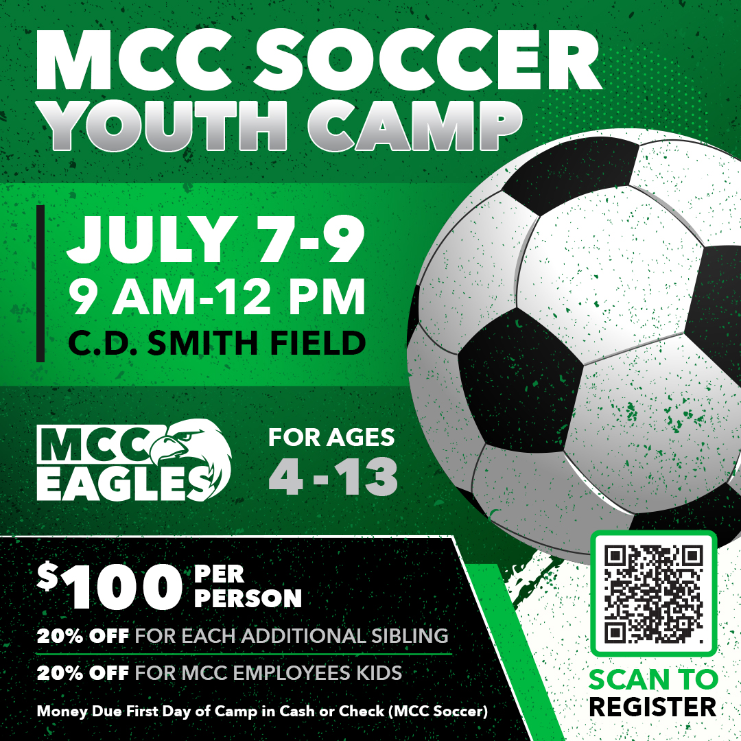 MCC Soccer is hosting a Youth Camp for ages 4 to 13 on July 7-9 from 9 AM to 12 PM at C.D. Smith Field. Cost is $100 per person with 20% off for each additional sibling and for MCC employees’ kids. Register at mcceagles.com/camps. #FindYourWings