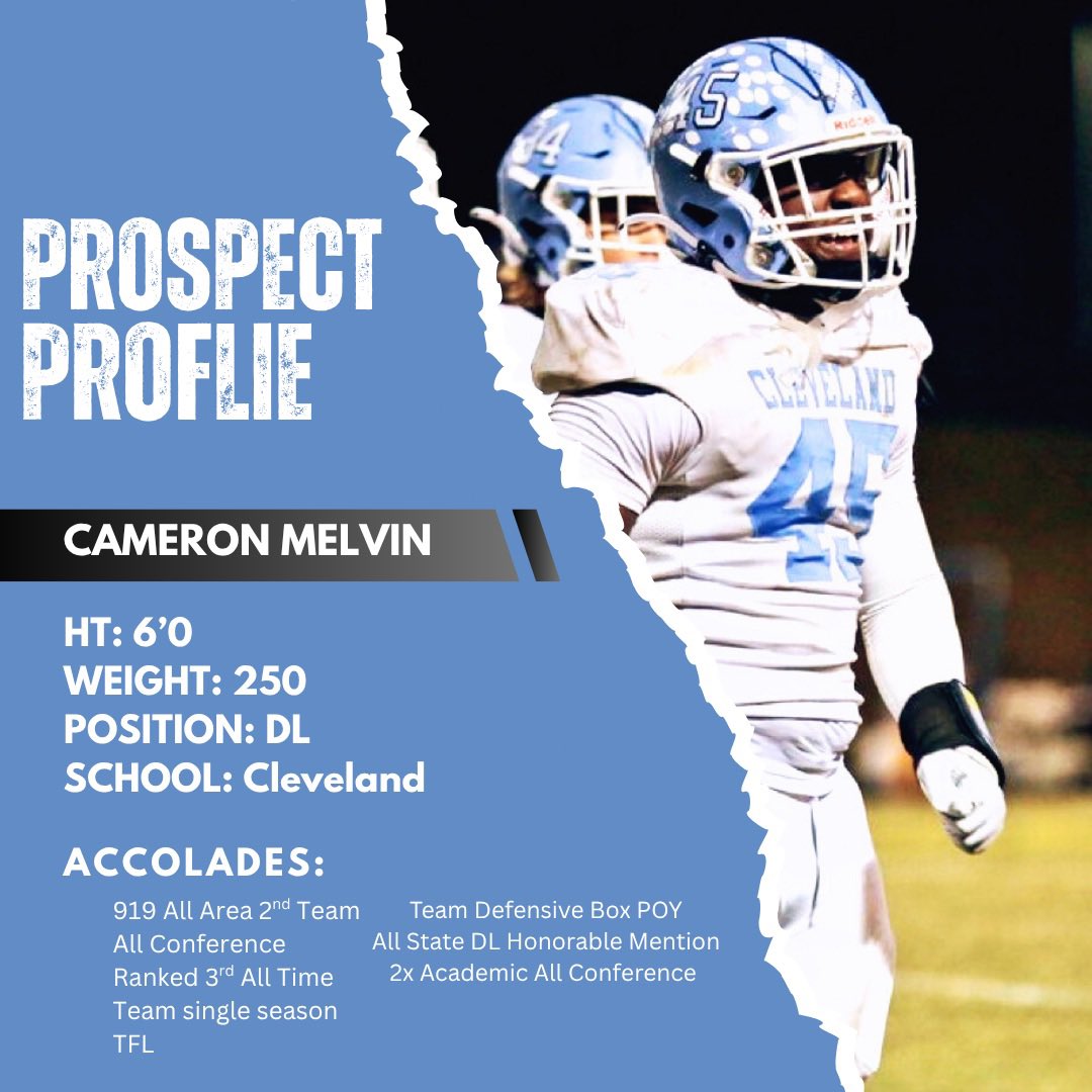 Prospect Radar (@prospectradarx) on Twitter photo 🔍PROSPECT PROFILE🔍
Name: Cameron Melvin (<a href="/CameronMelvin26/">Cameron Melvin C/O 2026</a>)
Pos: DL
School: Cleveland (Clayton,NC)
Class: ‘26
☢️Disruptive physical dominance with a high motor. Has the versatility to play inside/outside on the line. Can drop into the LB role.
🎥: hudl.com/v/2PuiyA 🔍PROSPECT PROFILE🔍
Name: Cameron Melvin (<a href="/CameronMelvin26/">Cameron Melvin C/O 2026</a>)
Pos: DL
School: Cleveland (Clayton,NC)
Class: ‘26
☢️Disruptive physical dominance with a high motor. Has the versatility to play inside/outside on the line. Can drop into the LB role.
🎥: hudl.com/v/2PuiyA