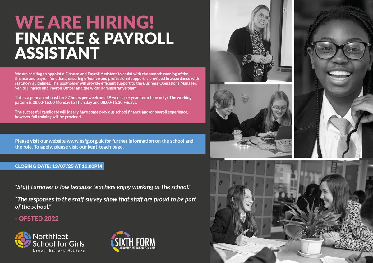 🚨VACANCY - FINANCE AND PAYROLL ASSISTANT🚨

We are looking for someone to join our excellent Finance Team.

To learn more about this role, and to apply, visit: kent-teach.com/Recruitment/Va…

#gravesend #northfleet #ebbsfleet #meopham #dartford #jobsinkent #kentjobs #kentteach