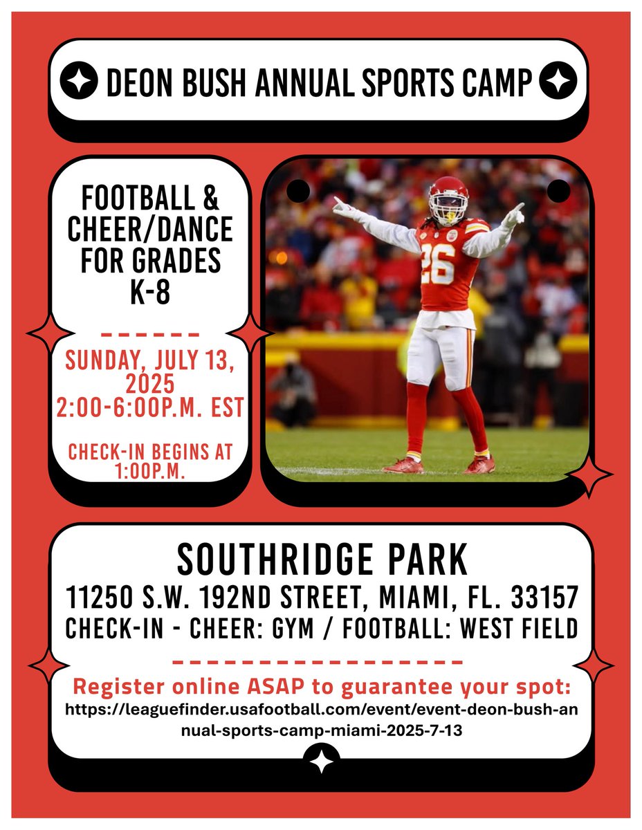 Moton Jaguars (@motonjaguars) on Twitter photo Deon Bush Annual Sport Camp 🏈 Register online to guarantee your spot 🐾 #YourBestChoiceMDCPS #MDCPS #MDCPSSouth <a href="/SuptDotres/">Jose L. Dotres, Ed.D.</a> <a href="/MDCPSSouth/">South Region Office</a> Deon Bush Annual Sport Camp 🏈 Register online to guarantee your spot 🐾 #YourBestChoiceMDCPS #MDCPS #MDCPSSouth <a href="/SuptDotres/">Jose L. Dotres, Ed.D.</a> <a href="/MDCPSSouth/">South Region Office</a>