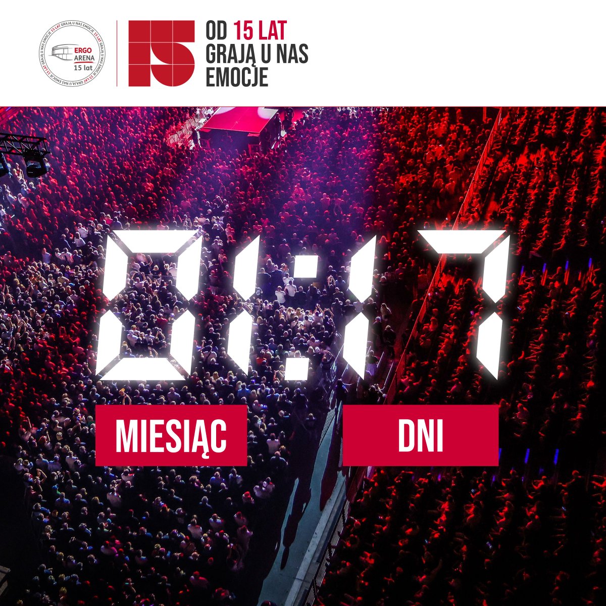 Odliczanie trwa! ⏰

Przed nami wyjątkowy jubileusz na Rolkowisku, którego nie możecie przegapić. Już za 1 miesiąc i 17 dni będziemy świętować 15-lecie ERGO ARENY.

Bądźcie z nami! 🎉 #TwojeMiejsceRozrywki #15LatEmocji