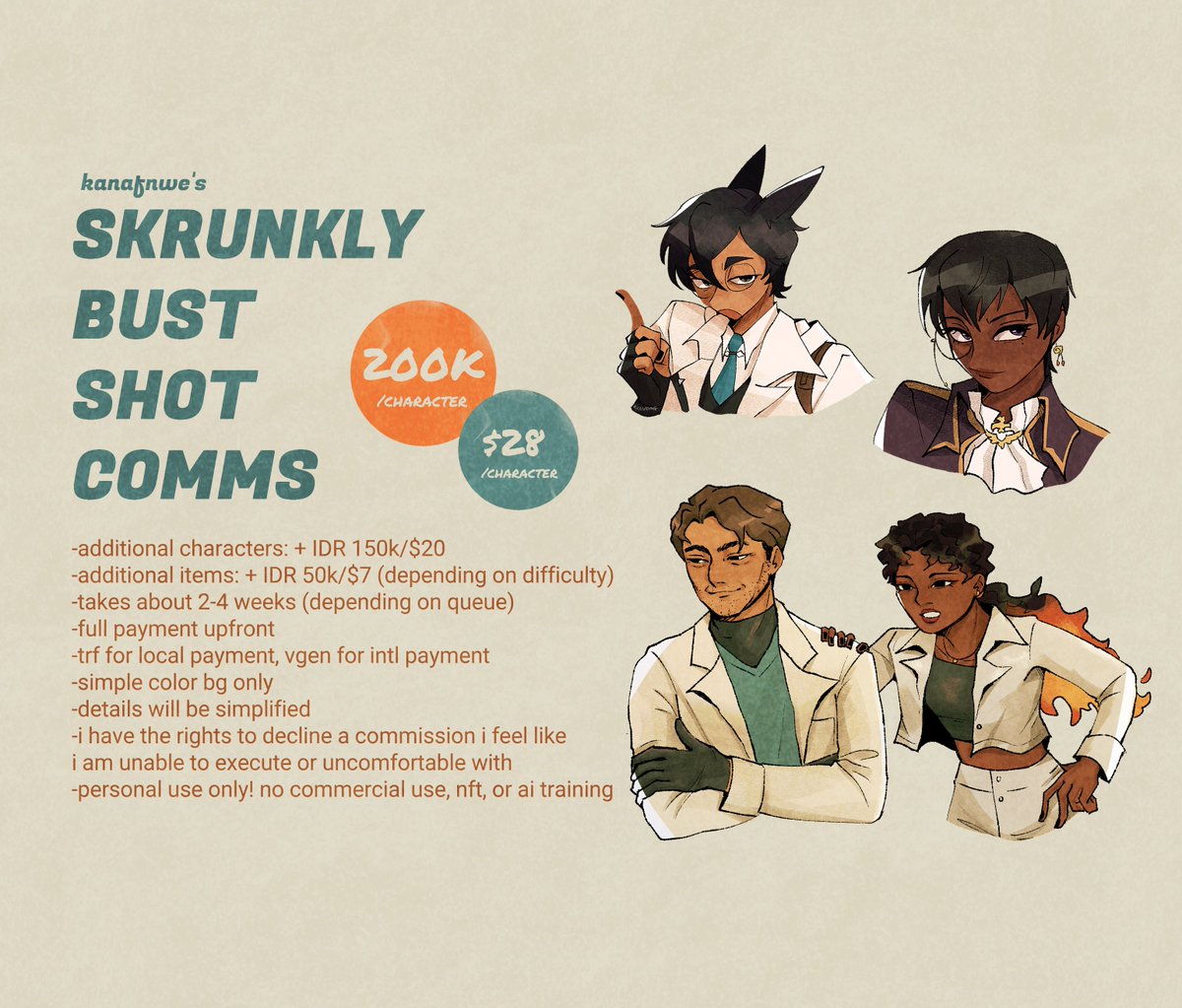 [RTs appreciated]    

opening limited slots for chibi and bust shot comms 💖available for local (forms) and intl orders (vgen) :]  order links below!  

feel free to dm for questions, thank you 🫶