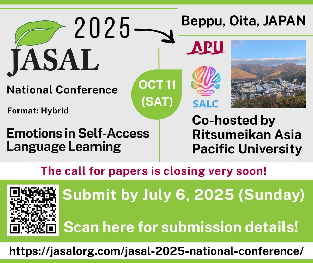 The call for papers for the JASAL 2025 national conference is closing soon (July 6)! Check our conference page for more submission details. 
jasalorg.com/jasal-2025-nat…