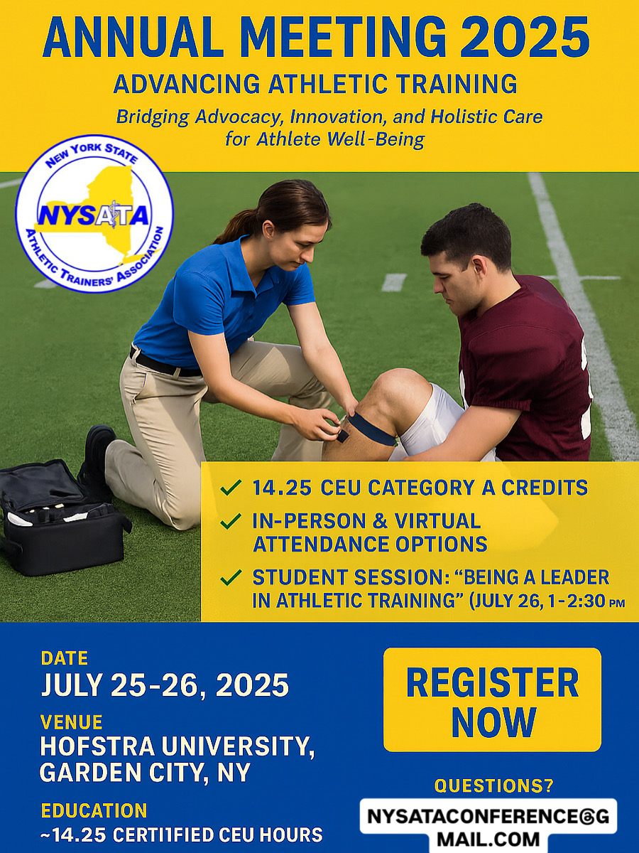 🎓NYSATA 2025 is almost here!
📍July 25–26 | Hofstra University

☑️Inspiring speakers
☑️Career-building connections
☑️CEUs that matter

✒️Register now→ gonysata2.org/2025-nysata-an…🔗

📩Questions? nysataconference@gmail.com

#NYSATA2025 #AthleticTraining #SportsMedicine #ATStrong 🏆