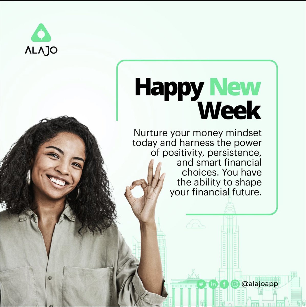 alajoapp's tweet photo. Nurture your money mindset today and harness the power of positivity, persistence and smart financial choices. You have the ability to shape your future by taking a step towards your saving journey today.
#Alajo #PeoplesPiggybank #Fintech #MondayVibes #MondayMotivation #NewWeek https://t.co/tiQ9byIy2a