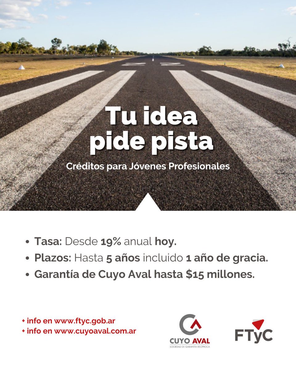 ¿Sos joven profesional y tenés un proyecto listo para arrancar?
Con el FTyC y la garantía de <a href="/CuyoAvalSGR/">Cuyo Aval SGR</a>, podés financiar maquinaria, equipamiento y dar ese primer gran paso.
Tu idea, nuestro impulso 💥

Conocé más en ftyc.gob.ar/jovenes-profes…
