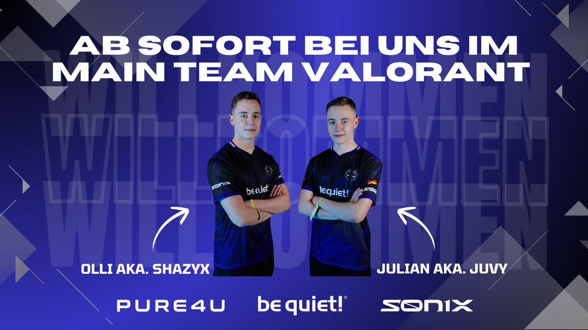 Big News! 
Wir freuen uns riesig, zwei neue Main-Spieler bei uns willkommen zu heißen: <a href="/Juvy_val/">Juvy</a> &amp; <a href="/Shazyx2/">Shazyx</a> sind ab sofort Teil des Teams! #aesirfamily #valorant #sponsored <a href="/Pure_4u/">PURE4U</a> <a href="/bequietofficial/">be quiet!</a> <a href="/sonixapp/">SONIX</a>
