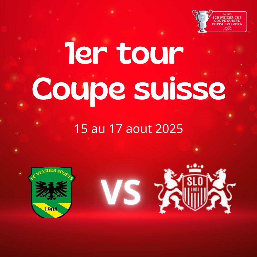 𝐂𝐨𝐮𝐩𝐞 𝐒𝐮𝐢𝐬𝐬𝐞 𝟐𝟎𝟐𝟓/𝟐𝟎𝟐𝟔 🇨🇭

Les Stadistes affronteront le FC Veyrier Sports (2ème ligue) lors du 1er tour de la Coupe 🏆

La rencontre se déroulera le week-end du 15-17 aout 🗓️

#AllezSLO 🦁 #Stadiste