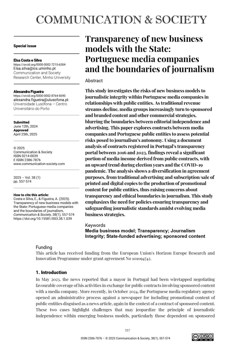 JournalCommSoc's tweet image. 📄“Transparency of new business models with the State: Portuguese media companies and the boundaries of journalism” by Elsa Costa-e-Silva, Alexandra Figueira
doi.org/10.15581/003.3…
#OpenAccess #Communication #Academic #Transparency #Business #Journalism #Media #Portugal