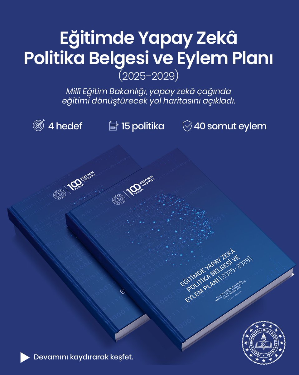 mebyegitek's tweet photo. Eğitimde Yapay Zekâ Dönemi Başladı! 🚀

Millî Eğitim Bakanlığı, 2025–2029 yol haritasını duyurdu:
4 hedef, 15 politika, 40 somut adım!
📌 Yapay zekâ okuryazarlığı, bireyselleştirilmiş eğitim, yeni seçmeli dersler, VR destekli öğrenme ve daha fazlası 👉 https://t.co/b8vyEkSX5q https://t.co/JnZHWfrwfC