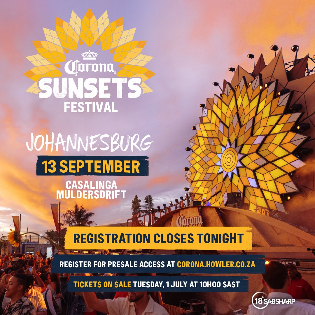 Registration for Corona Sunsets Festival tickets closes tonight! Don’t miss out, registering now will grant you access to presale tickets. 

These tickets are limited and first come, first served.

Tickets go on sale Tuesday, 1 July at 10h00 SAST.

Register now at