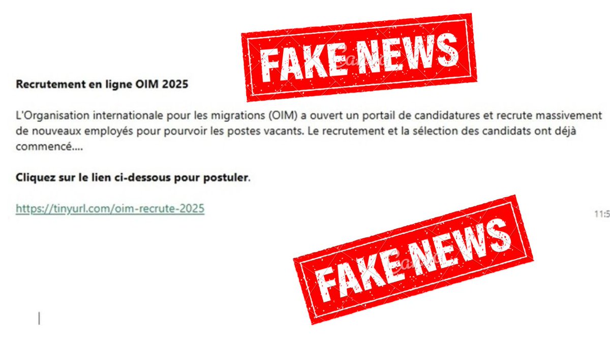 🚨Attention aux fausses annonces de recrutement attribuées à l’OIM🚨
➡️L’OIM ne demande jamais de paiement pour postuler
➡️Ne partagez aucune information personnelle ou financière
➡️Consultez les offres officielles sur 
…lj-saasfaprod1.fa.ocs.oraclecloud.com/hcmUI/Candidat… 
Attention aux escroqueries en ligne