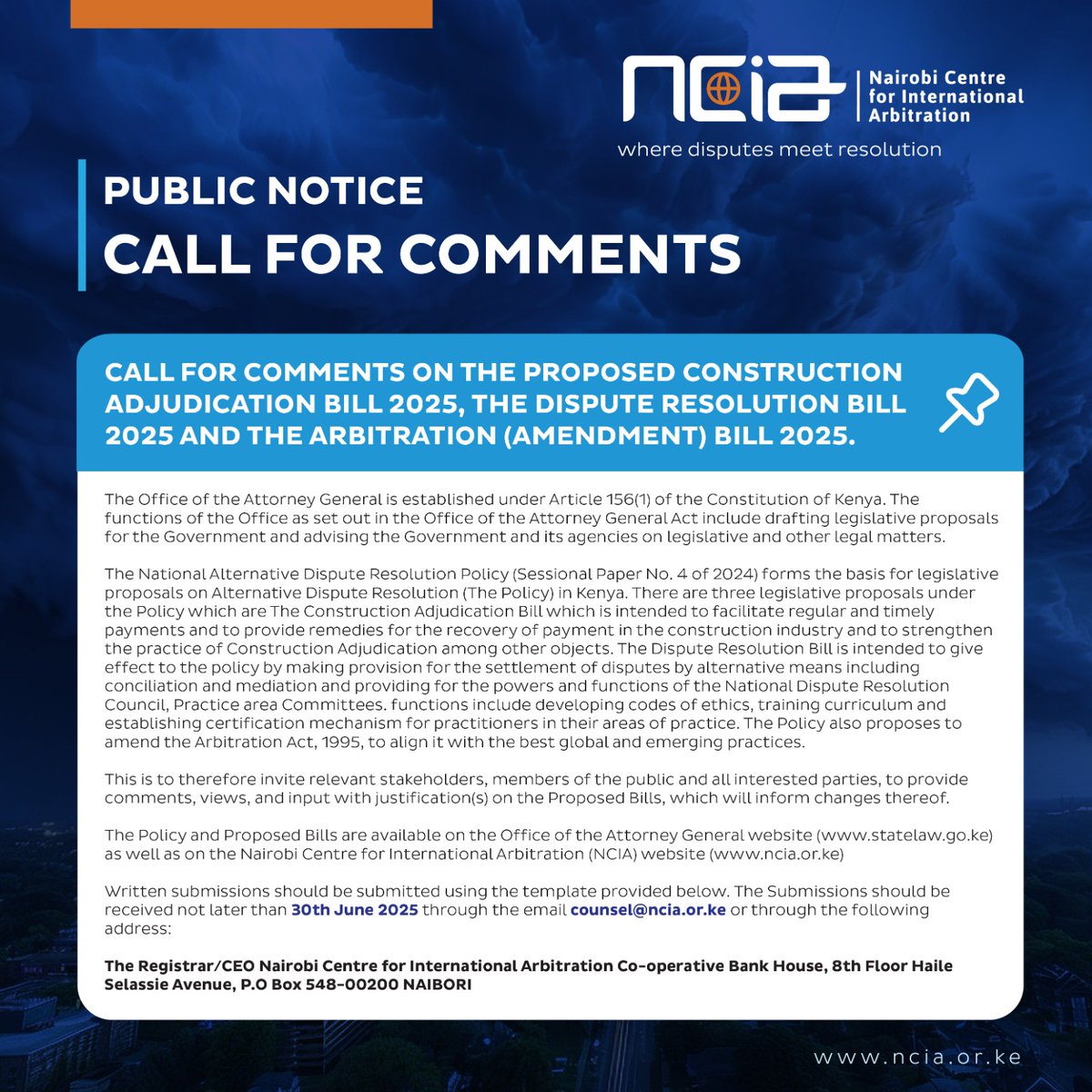 🚨 Last Day!
Submit your comments on the Construction Adjudication Bill 2025, Dispute Resolution Bill 2025 &amp; Arbitration (Amendment) Bill 2025.

🖊️ Make your voice count!
📧 Email: counsel@ncia.or.ke
🔗 More info: ncia.or.ke/public-notice-…

#ADRPolicy #PublicParticipation #NCIA