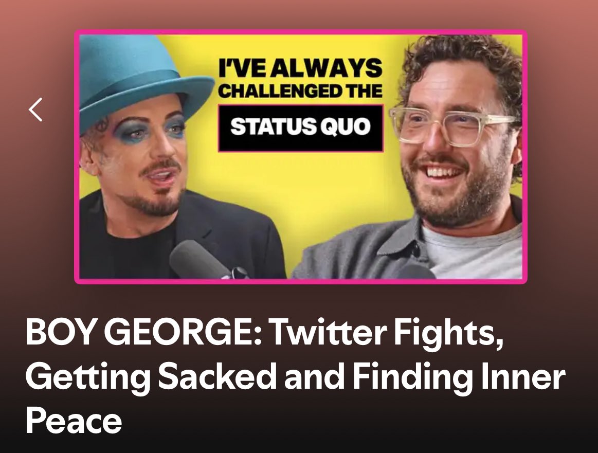 1-hour podcast: #BoyGeorge is on today‘s episode of Class Clown podcast, hosted by <a href="/seannwalsh/">Seann Walsh</a>!

Watch on Spotify 👀 → open.spotify.com/episode/0VbkRj…