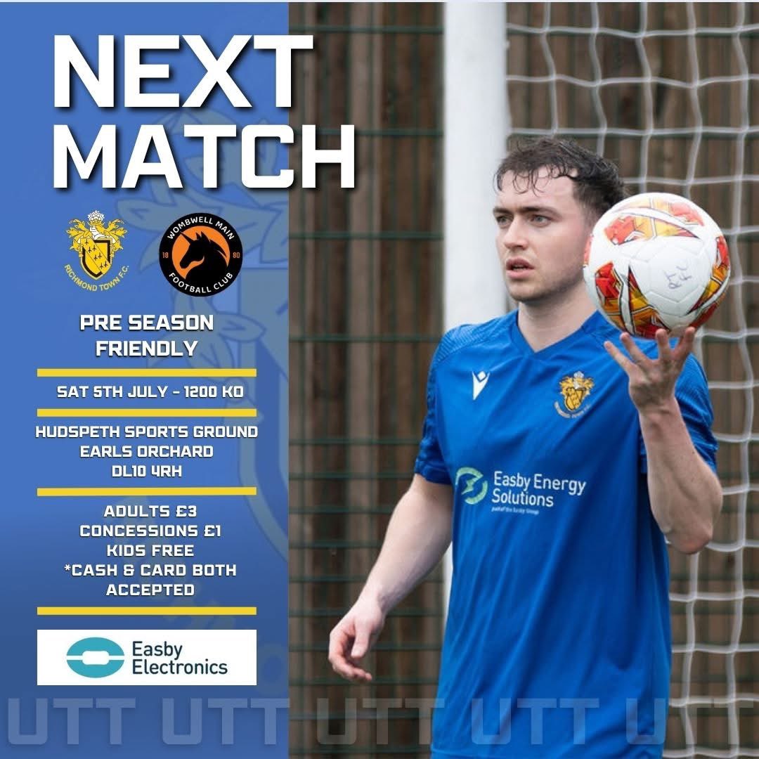Pre-season games get underway this week, with two games down at Earls Orchard!

Wednesday we host Northallerton Town in the Darren Poole Trophy, before also welcoming Wombwell Main to Richmond on Saturday!