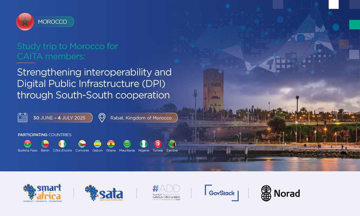 RealSmartAfrica's tweet photo. Today marks the start of a five-day study visit to the Kingdom of Morocco by delegates from 11 Smart Africa member states, under the Council of African IT Agencies (CAITA) — currently chaired by Morocco’s @ADD_MAROC.

Powered by the Smart Africa Trust Alliance (@satasmartafrica) and supported by @GovStackGlobal  and @noradno, this visit aims to:
🔹 Exchange best practices in e-governance
🔹 Advance the Africa Data Exchange Guidelines
🔹 Strengthen bilateral and multilateral collaboration
🔹 Accelerate interoperability and Digital Public Infrastructure (DPI) across the continent

This initiative reaffirms a clear message: South–South cooperation is a powerful engine for Africa’s digital future.

#dpi #smartafrica #dataexchange