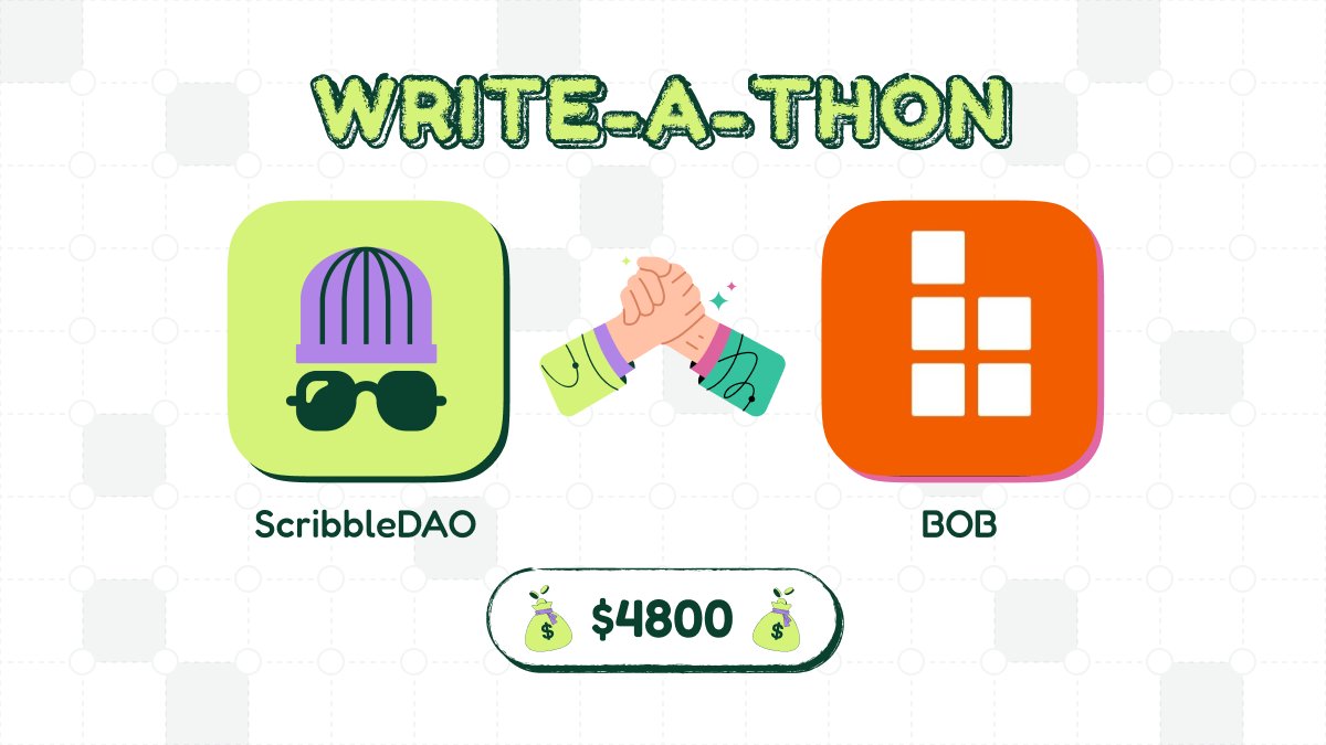 THREADOORS BUCKLE UP, NEW WRITE-A-THON INCOMING...

ScribbleDAO 🤝 <a href="/build_on_bob/">BOB</a> just dropped the collaboration we've all been waiting for!

$4.6K reward pool + $200 swarming bonus = $4.8K total!

Time to dive into the future of Bitcoin DeFi!

Let's break it down 👇