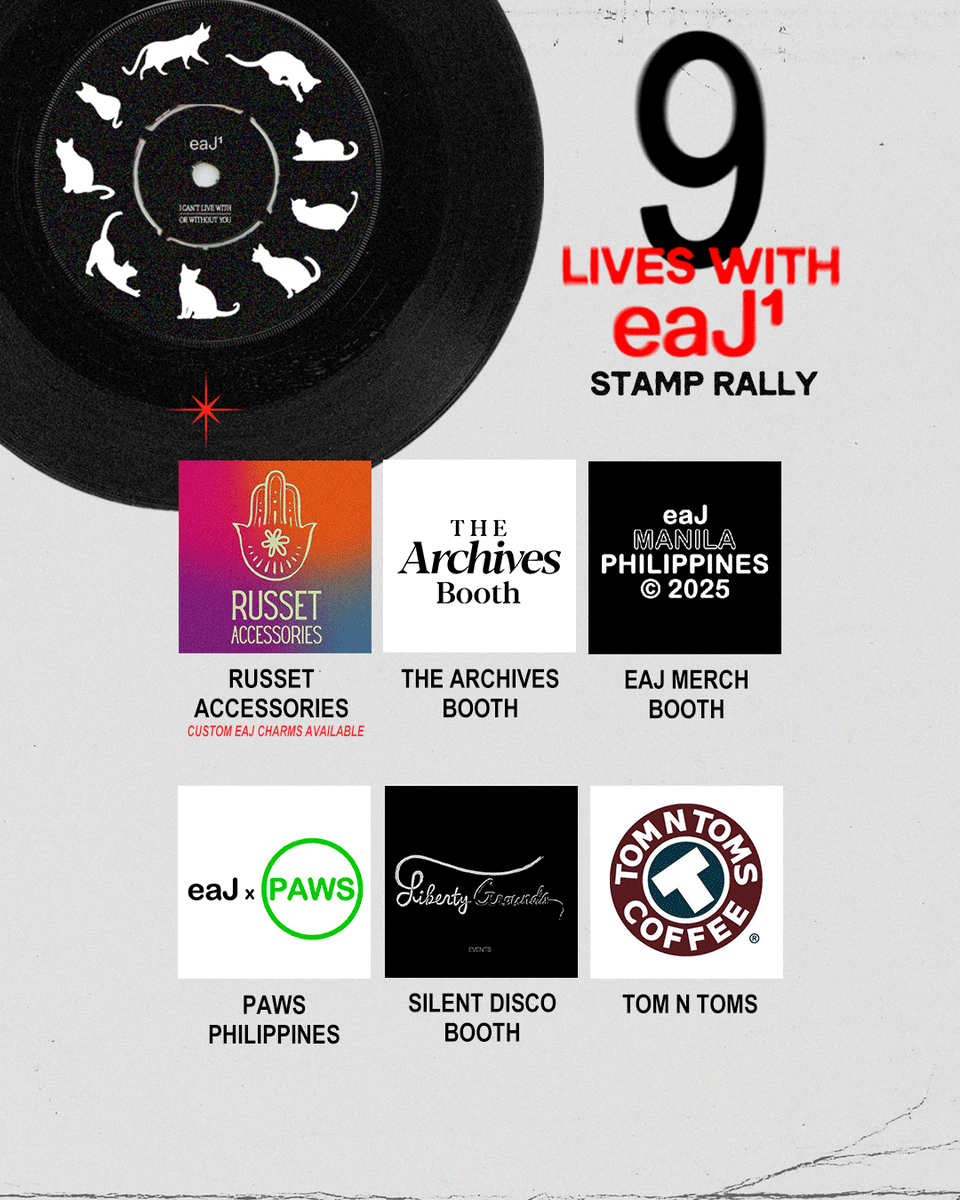 eaJPark_PH's tweet photo. 🔴 FILO JARS! 🔴 We’re bringing a '1' of a kind EP listening experience and merch pop-up to fans in Manila next week on July 9 at the Venice Grand Canal Mall @mckinleyhill_ from 10:00AM to 7:00PM!

Celebrate the release of @eajpark’s EP ‘1’ by participating in a stamp rally with specially curated booths where you can collect stamps and claim different tiers of prizes 🎁

Purchase any eaJ merch item during the event to begin your stamp-collecting journey—complete all 4 selected activities to get a chance to win a photo booth session with a familiar someone... 👀📸

Be sure to claim your stamp cards early—quantities are limited! Different coloured cards correspond to different sets of prizes, and are given out on a first come, first served basis.🖤❤️🤍

This event is made possible by Secret Signals @Secret_Signals in partnership with @mckinleyhill_, @thearchivesbooth (IG), @eaJPark_PH, @russetaccessories (IG), @tomntomsph (IG), @PAWSPhilippines, and Liberty Grounds Events.

See you there!