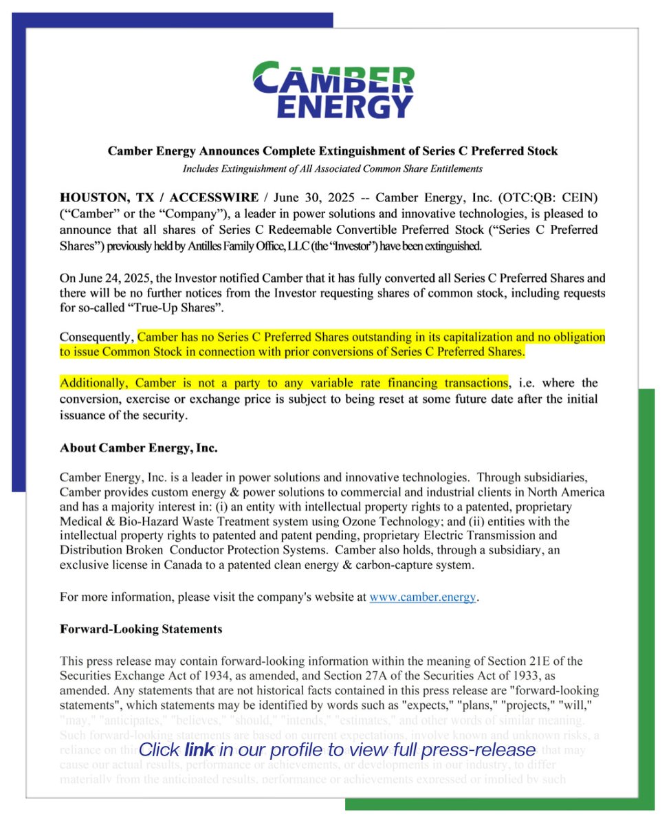 Camber Energy Announces Complete Extinguishment of Series C Preferred Stock - Includes Extinguishment of All Associated Common Share Entitlements

Link to full PR -> ir.camber.energy/news/press-rel…

#camber #camberenergy #pressrelease #companyupdate #sharecapital #companynews #cei #cein