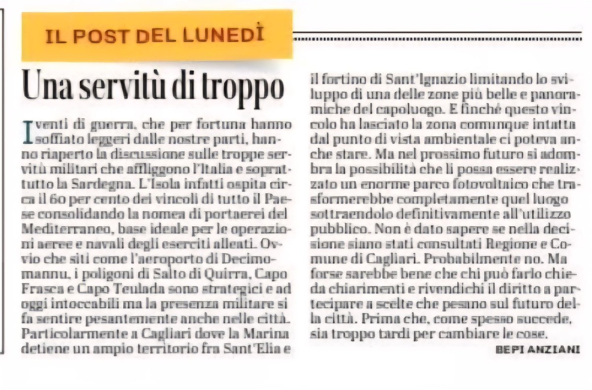 bepianziani's tweet photo. Un maxi bando del Ministero della difesa potrebbe portare nuove e poco gradite servitù
#unionesarda #ilpostdellunedì #sardegna #Cagliari #servitumilitari #ministerodelladifesa https://t.co/1ii3ccLBXD