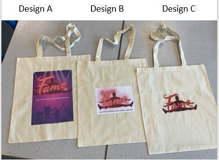 To raise funds for our school production this year, "Fame", we are selling tote bags in three designs, priced at £5.00 each.  Orders can be placed in school and payment to be made via Parent Pay.  Please ensure you provide design required, name &amp; form class when ordering.