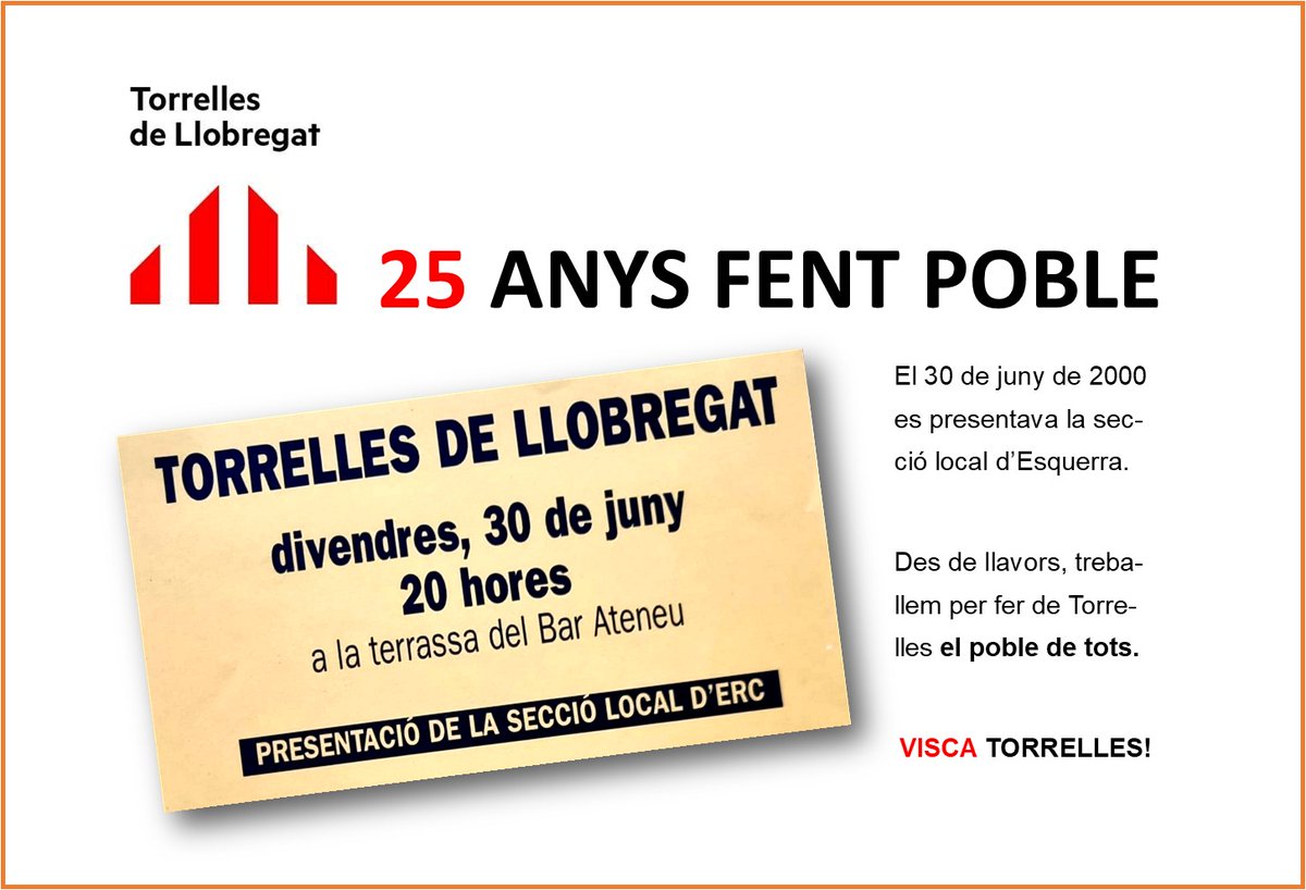 Torrelles_ERC's tweet photo. Avui 30 de juny, fa 25 anys que vam recuperar i refundar el projecte d'@Esquerra_ERC a Torrelles. Han estat 25 anys de compromís, lluites compartides i feina col·lectiva per fer de Torrelles un poble millor. 
Gràcies a tothom qui ha cregut i participat en aquest projecte!!!! https://t.co/6g3KX32M6K