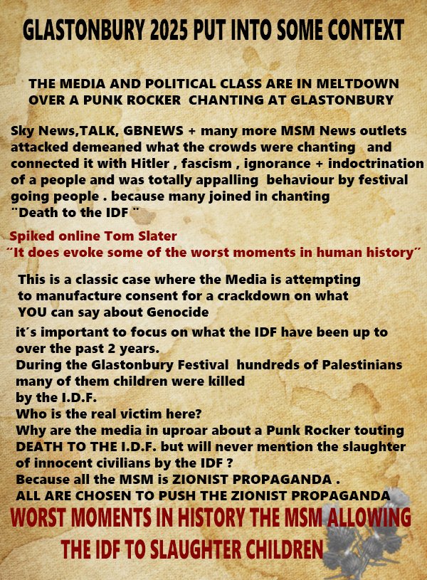 Truth be told  Glastonbury and MSM manipulation to cover up Zionist genocide and to attack your rights to freedom of speech   
#Glastonbury2025  #genocide #Palestine #PalestineAction