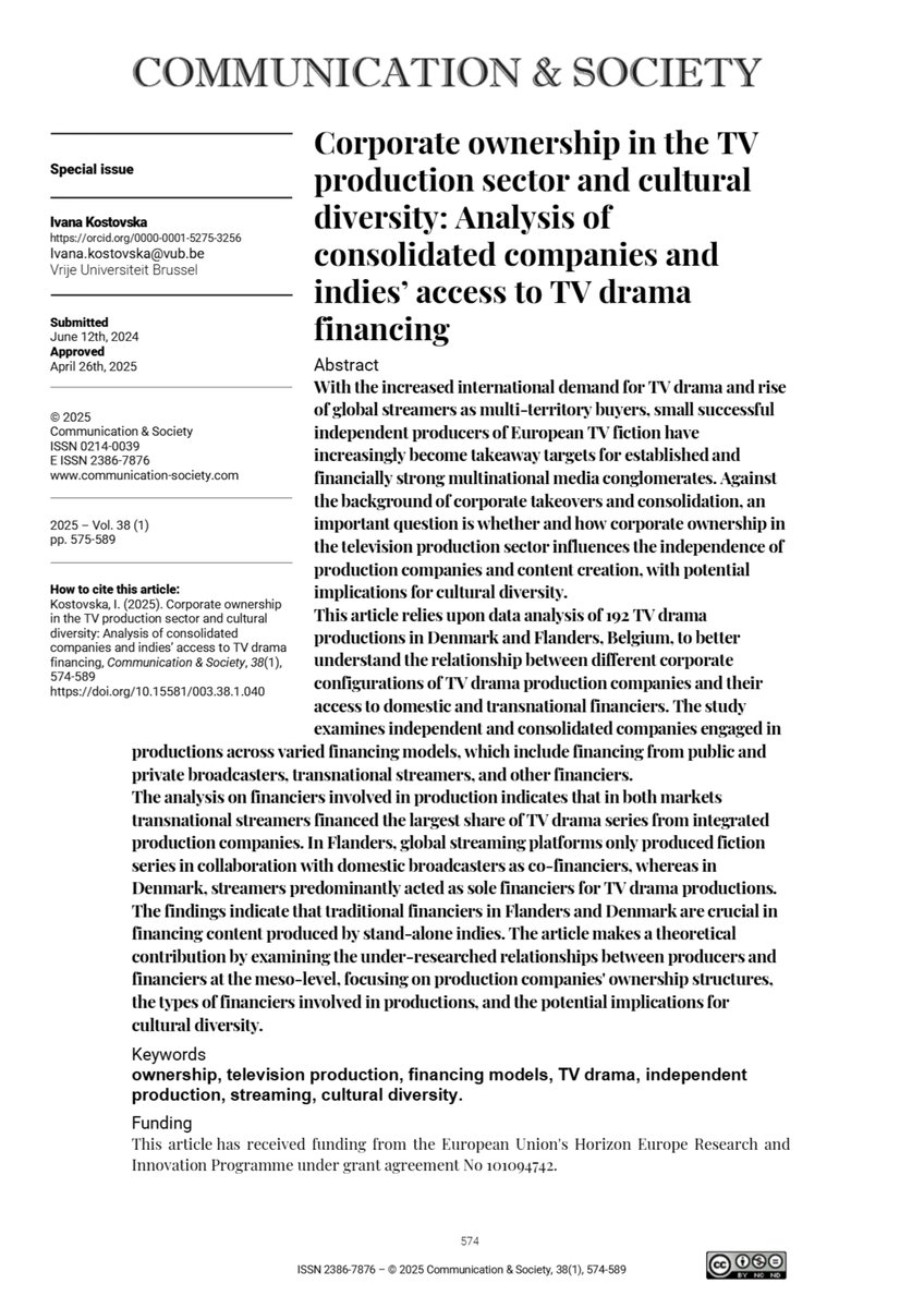 JournalCommSoc's tweet image. 📄“Corporate ownership in the TV production sector and cultural diversity: Analysis of consolidated companies and indies’ access to TV drama financing” by @kostovska_ivana
doi.org/10.15581/003.3…
#OpenAccess #Communication #Academic #Ownership #TV #Media #Digital #Production