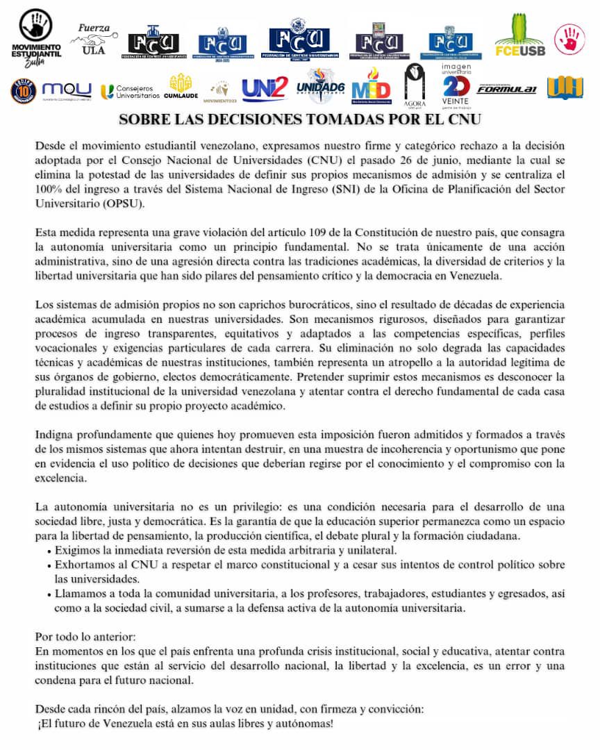 miguel_suarezt's tweet image. El movimiento estudiantil venezolano rechaza la decisión del CNU que elimina la potestad de las universidades de definir sus propios mecanismos de admisión y centraliza el 100% del ingreso a la OPSU.
Viva la Universidad venezolana, libre, plural, democrática y siempre autónoma.