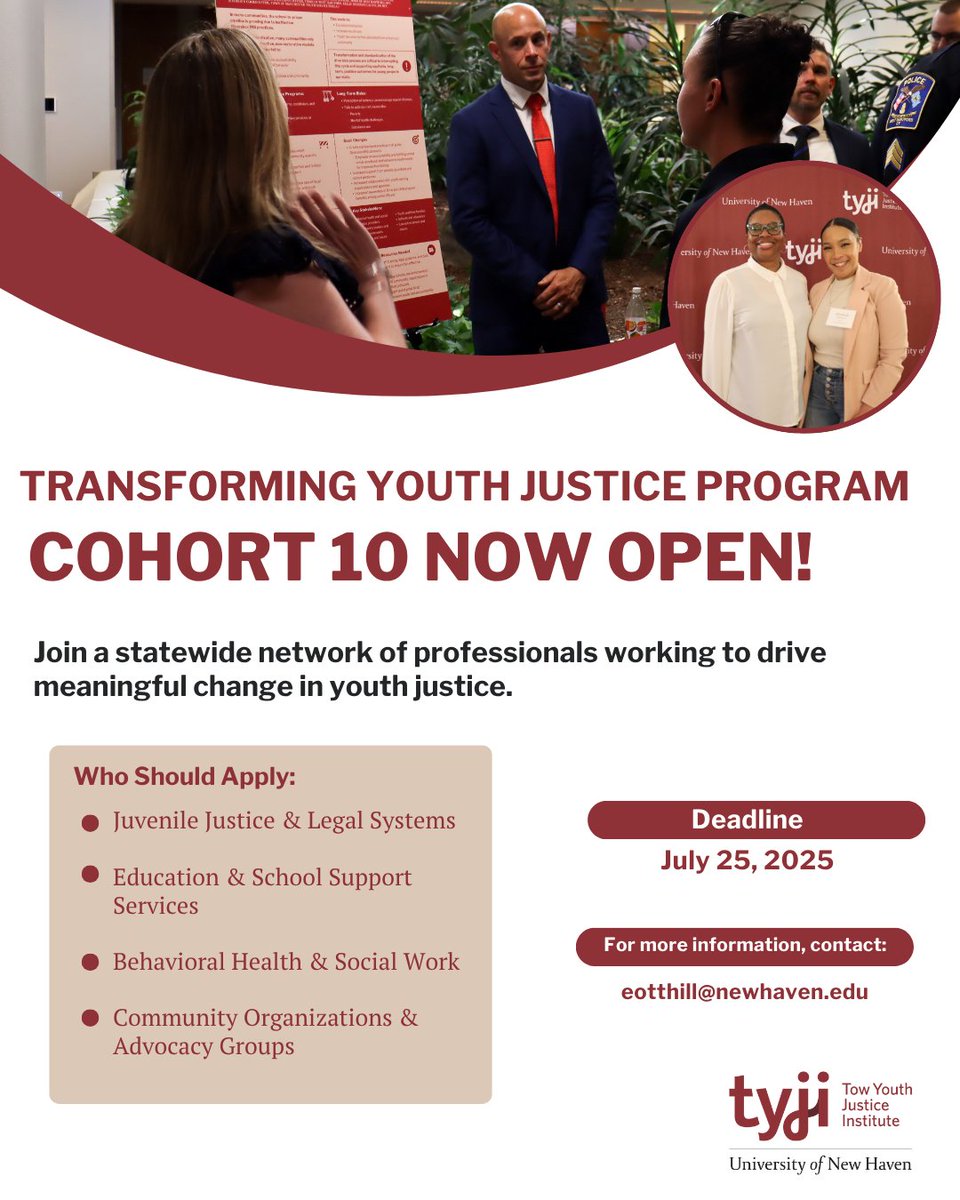 Now accepting applications for the Transforming Youth Justice Program – Cohort 10! 🗓️ Apply by July 25 → bit.ly/44evusb

#YouthJustice #TYJP #CT #ApplyNow