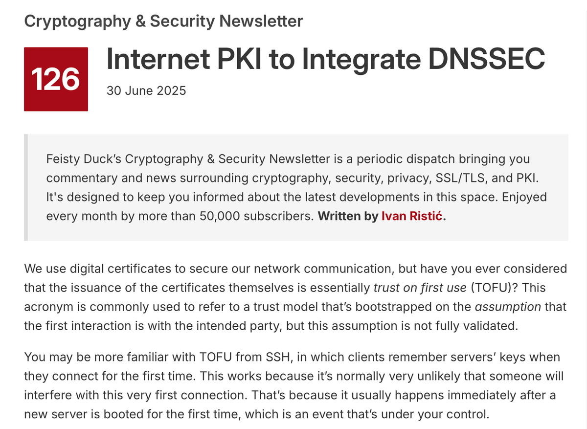 feistyduck's tweet image. Cryptography & Security Newsletter is out! In this issue:
- Internet PKI to Integrate DNSSEC
- Short News
feistyduck.com/newsletter/iss…