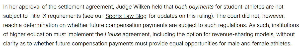 Great summary from Katherine Brodie and Daniel Walworth at <a href="/DuaneMorrisLLP/">Duane Morris LLP</a> of the dilemma schools are facing regarding Title IV and revenue-sharing:  

TLDR:  Judge Wilken says backpay doesn't have to abide by Title IV but no call on future payments