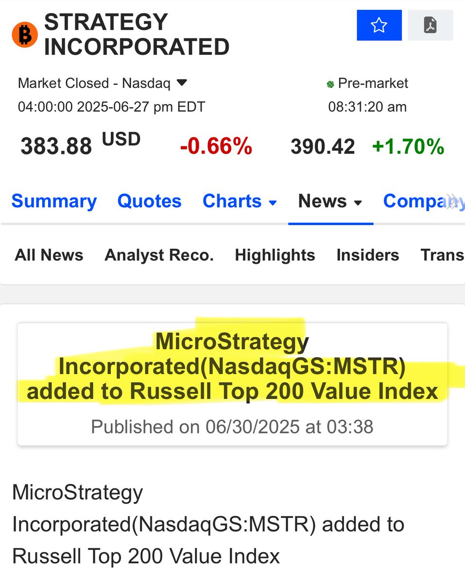 BREAKING: Strategy added to the Russell Top 200 Value Index 👀