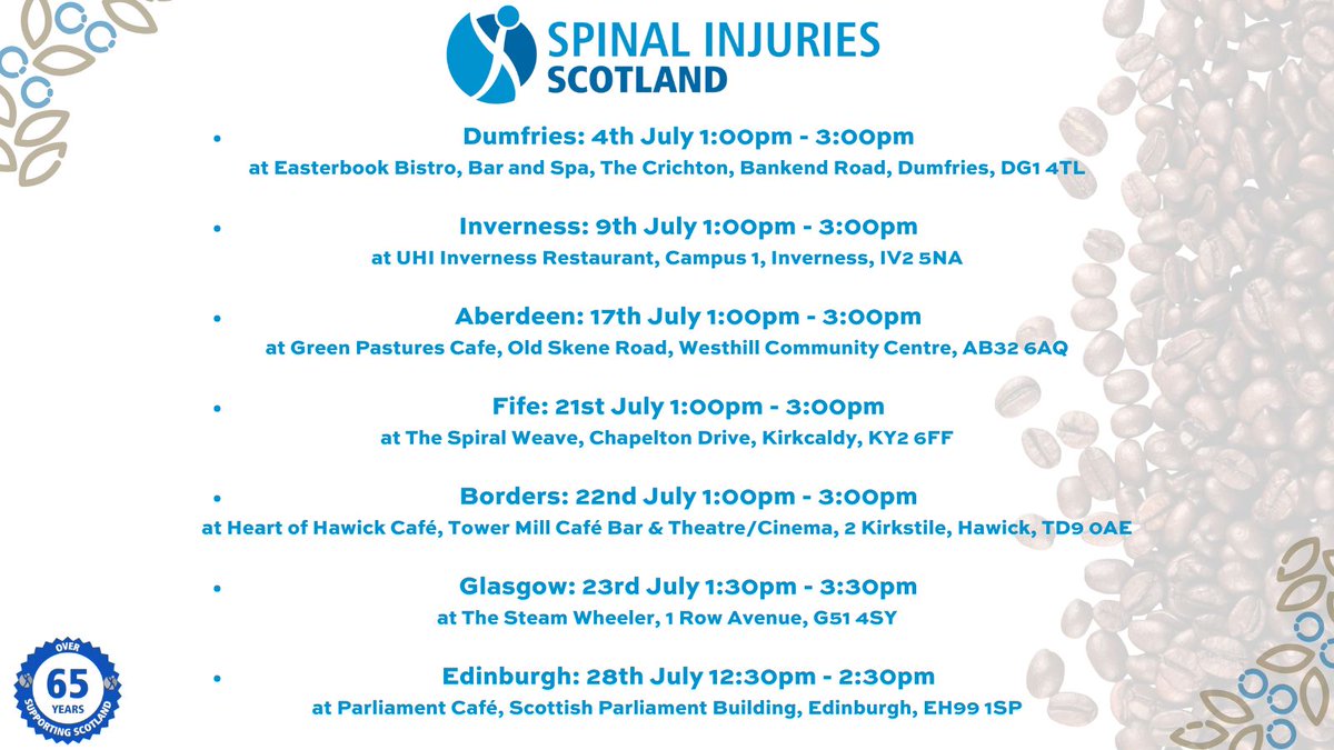 See below for the list of July Face to Face Coffee Meets. Come on down, we'd love to see you. Please RSVP to the Peer Support Advisor for your area if you are interested in attending. Email addresses and latest info can be found in the link below
spinalinjuriesscotland.org.uk/face-to-face-c…