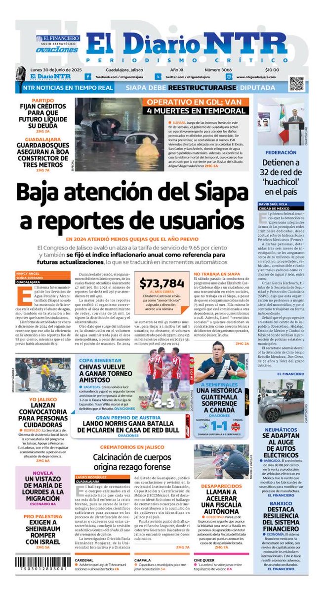 En nuestra portada de hoy, <a href="/siapagdl/">Siapagdl</a>⁩ también cayó en la eficiencia para atender reportes de usuarios. En 2023 atendió a 81.9% y el año pasado bajó a 78%. La conductora de TV, Ely Castro admitió que cobra $73 mil al mes en el organismo, pero no trabaja ahí <a href="/NTRGuadalajara/">El Diario NTR Guadalajara</a>