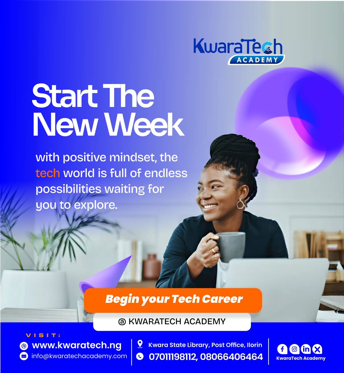 Kwaratechacad's tweet image. Happy Monday! 
Your mindset is your superpower.Start this week with positivity,purpose&amp;amp;the belief that you can do hard things

Dreaming of a career in tech?@KwaraTech we’re here to guide you from curiosity2capability 

Your tech journey starts with one bold step.Take it this week