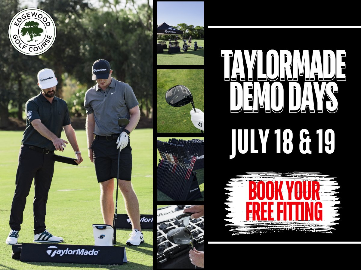 Book your spot today at our next Free TaylorMade Fitting Event

🏌 Friday, July 18 from 1 to 5:30 p.m.
🏌 Saturday, July 19 from 11 a.m. to 3:30 p.m.

Fittings are by appointment only and can be booked at edgewoodgolf.com/custom-fitting.
