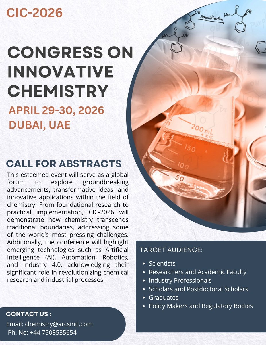 Arcs International (@arcsintl) on Twitter photo π¬ Call for Abstracts β #CIC2026
π Dubai, UAE | π
April 29β30, 2026
π Theme: Chemistry Beyond Boundaries
Present your research at the Congress on Innovative Chemistry!
π Submit Now at chemistry@arcsintl.com
#ChemistryConference #CallForAbstracts #ChemicalInnovation #ARCS π¬ Call for Abstracts β #CIC2026
π Dubai, UAE | π
April 29β30, 2026
π Theme: Chemistry Beyond Boundaries
Present your research at the Congress on Innovative Chemistry!
π Submit Now at chemistry@arcsintl.com
#ChemistryConference #CallForAbstracts #ChemicalInnovation #ARCS