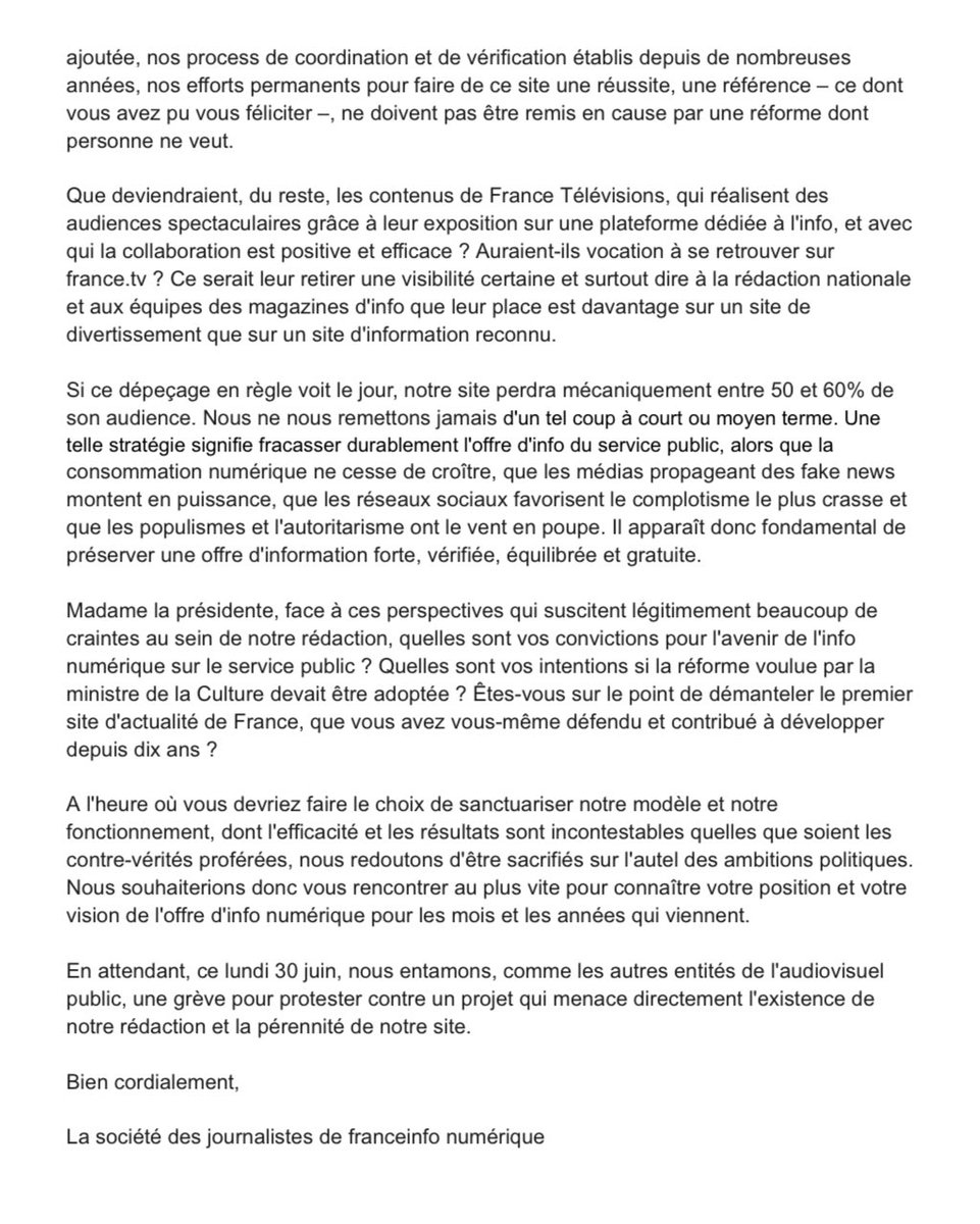 "Des changements drastiques et dangereux..." 

✉️ Lettre ouverte envoyée ce matin à Delphine Ernotte par la Société des Journalistes franceinfo: numérique concernant la réforme de l'audiovisuel public