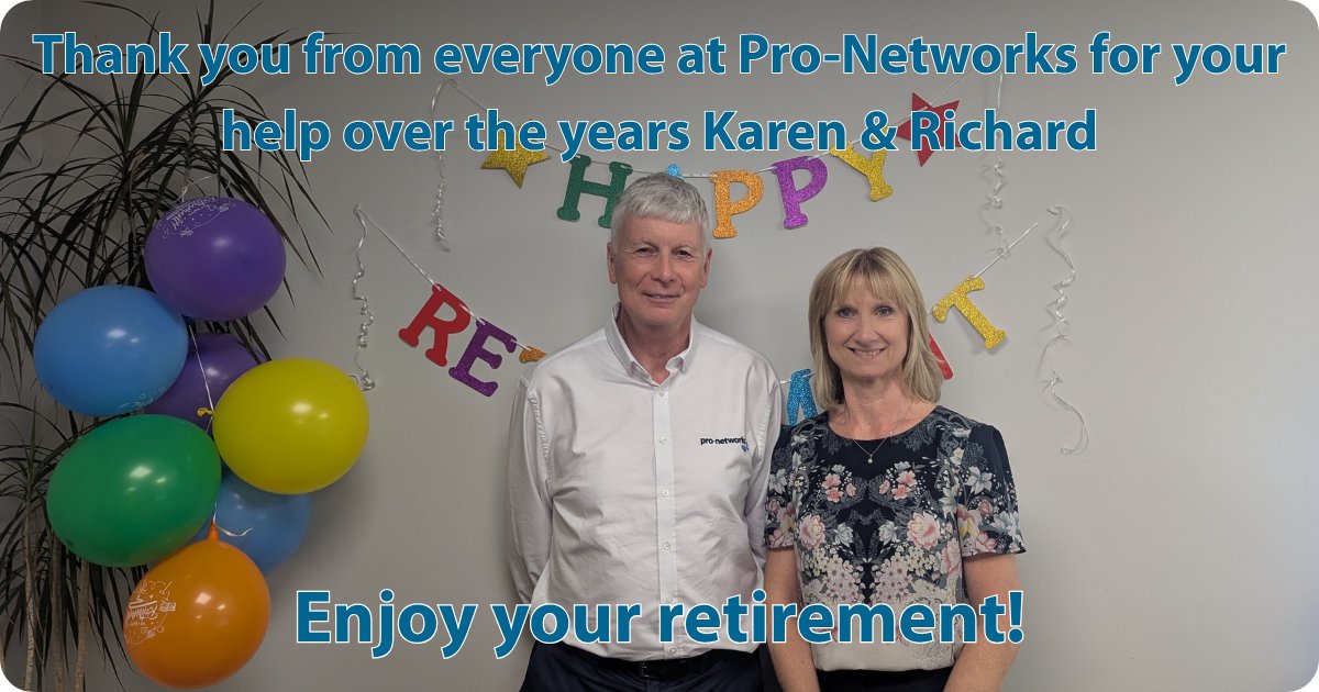It's a sad day at Pro-Networks as we bid farewell to two incredible friends. 
Karen &amp; Richard retire today - we're so grateful for everything you've contributed. 
Wishing you both endless joy &amp; adventure ahead. You've earned it! 
Thank you from everyone at Pro-Networks.