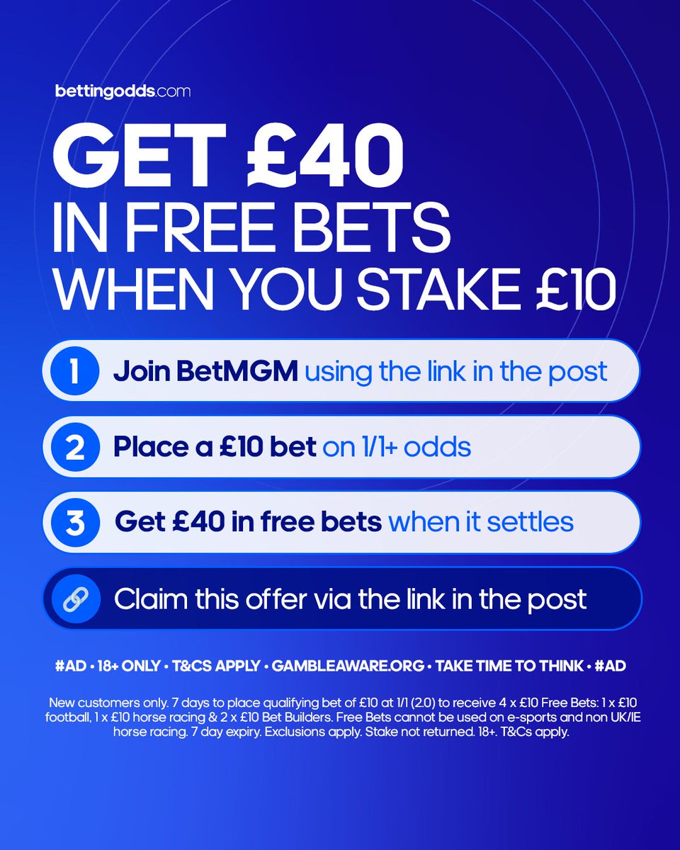 BettingOddsUK's tweet image. GET £40 IN FREE BETS FOR WIMBLEDON 🎾
1️⃣ Join BetMGM
2️⃣ Stake £10 on 1/1+ odds
3️⃣ Get your free bets
Claim yours: ntrfr.betmgm.co.uk/redirect.aspx?…
18+ T&Cs Apply GambleAware #Ad