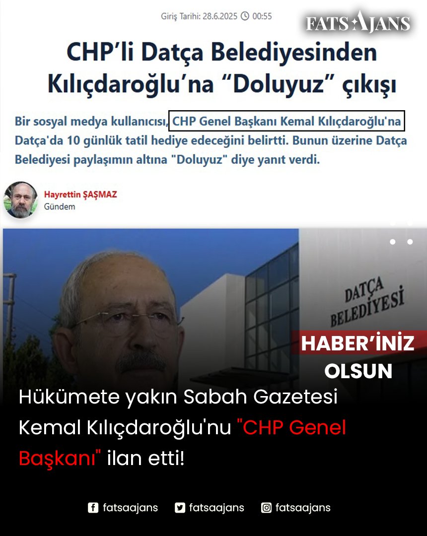 FatsaAjans's tweet photo. Hükümete yakın Sabah Gazetesi Kemal Kılıçdaroğlu'nu "CHP Genel Başkanı' ilan etti!

#KemalKılıçdaroğlu #chpkurultay #CHP #datcabelediyesi https://t.co/UFVxo0lwX9
