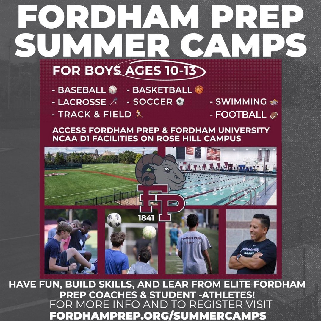 (1/3) Summer is in full swing and our @fordhamprep_athletics Summer Camps are officially underway! 🐏

Designed for boys ages 10-13, these camps offer the perfect mix of fun, friendship, and skill-building across 7 different sports.

Here’s the full lineup: