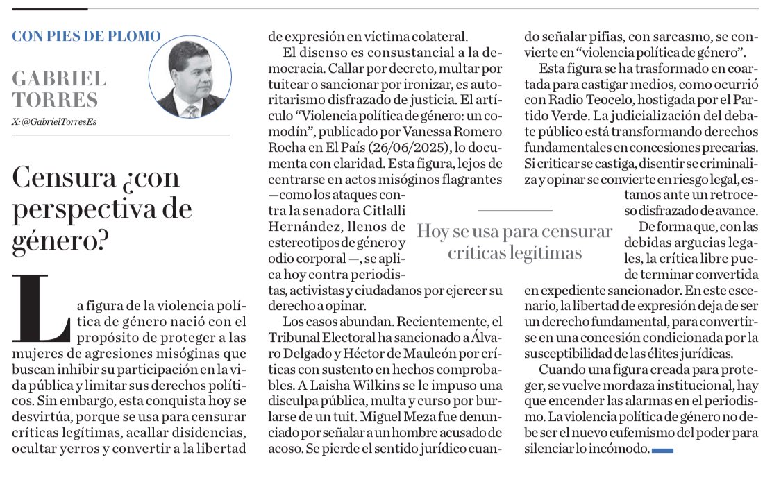 GabrielTorresEs's tweet photo. La violencia política de género nació para proteger a las mujeres de agresiones misóginas en el espacio público. Pero hoy se está usando, a través de argucias, como pretexto para silenciar críticas, censurar el disenso y castigar la libertad de expresión.
https://t.co/PUyBL3lt8L https://t.co/wJupMk5Kd6