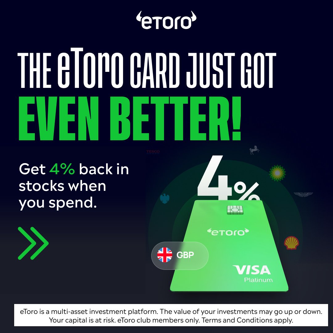 eToro's tweet photo. The eToro Visa debit card just leveled up with 4% back in stocks on your everyday spend.

Swipe to discover an alternative way to boost your investment portfolio. 👇

*eToro club members only. T&amp;Cs apply.