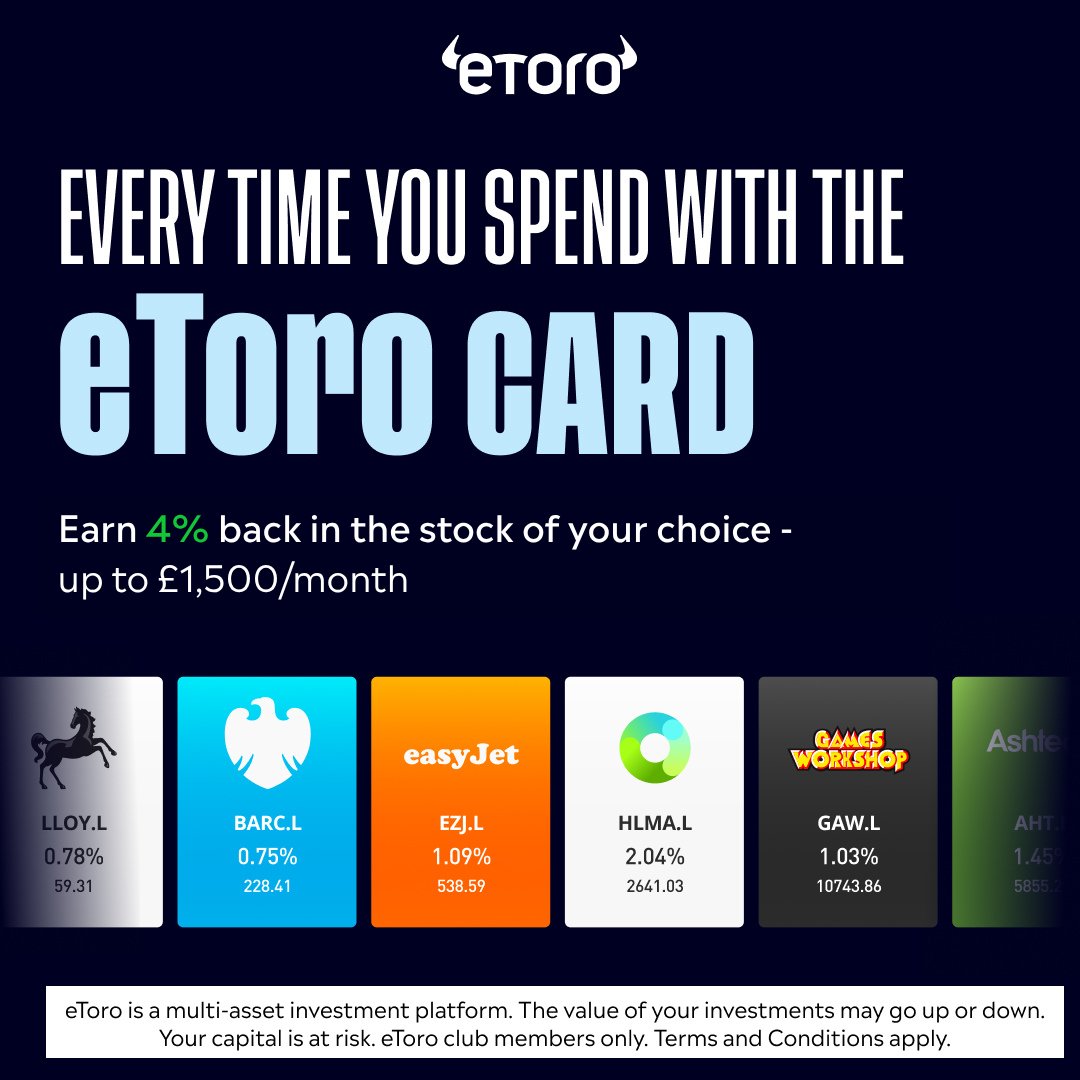 eToro's tweet photo. The eToro Visa debit card just leveled up with 4% back in stocks on your everyday spend.

Swipe to discover an alternative way to boost your investment portfolio. 👇

*eToro club members only. T&amp;Cs apply.